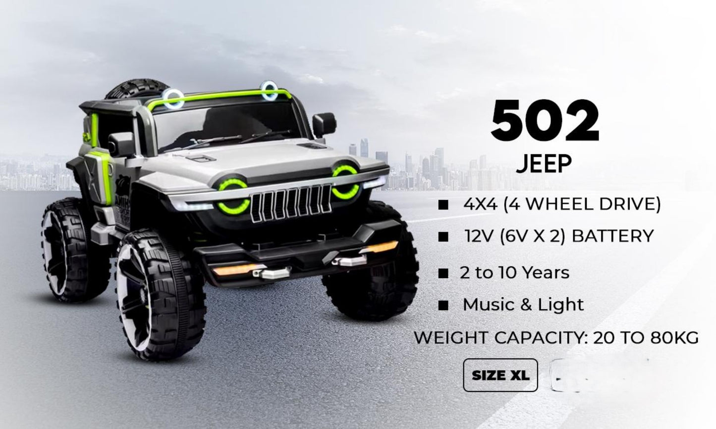 502 Adventure XL Kids Jeep | 4x4 Off-Road Electric Vehicle | 80kg Capacity | Neon Green Accents
